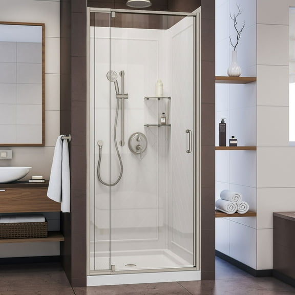 DreamLine Flex 32 in. D x 32 in. W x 76 3/4 in. H Semi-Frameless Shower Door in Brushed Nickel with White Base and Backwalls
