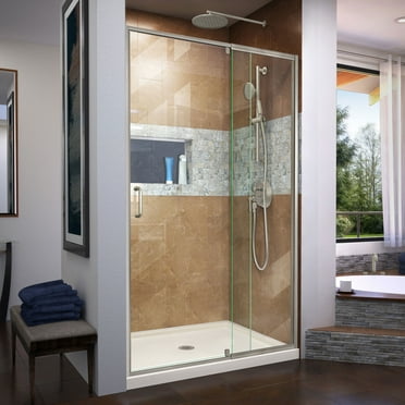 DreamLine Flex 32 in. D x 42 in. W x 74 3/4 in. H Semi-Frameless Shower Door in Brushed Nickel with Center Drain Biscuit Base Kit