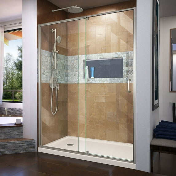 DreamLine Flex 32 in. D x 60 in. W x 74 3/4 in. H Semi-Frameless Shower Door in Brushed Nickel with Left Drain Biscuit Base Kit