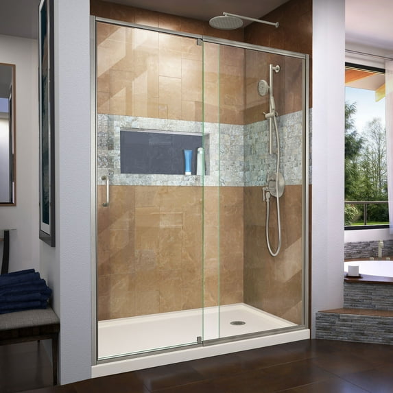 DreamLine Flex 32 in. D x 60 in. W x 74 3/4 in. H Semi-Frameless Shower Door in Brushed Nickel with Right Drain Biscuit Base Kit