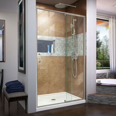 DreamLine Flex 34 in. D x 42 in. W x 74 3/4 in. H Semi-Frameless Shower Door in Brushed Nickel with Center Drain White Base Kit