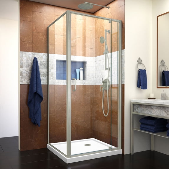 DreamLine Flex 36 in. D x 36 in. W x 74 3/4 in. H Semi-Frameless Pivot Shower Enclosure and White Base in Brushed Nickel
