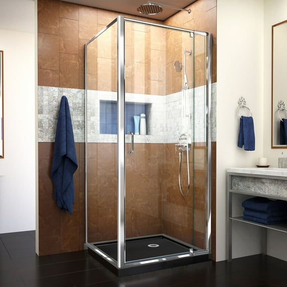 DreamLine Flex 36 in. D x 36 in. W x 74 3/4 in. H Semi-Frameless Pivot Shower Enclosure in Chrome with Corner Drain Black Base