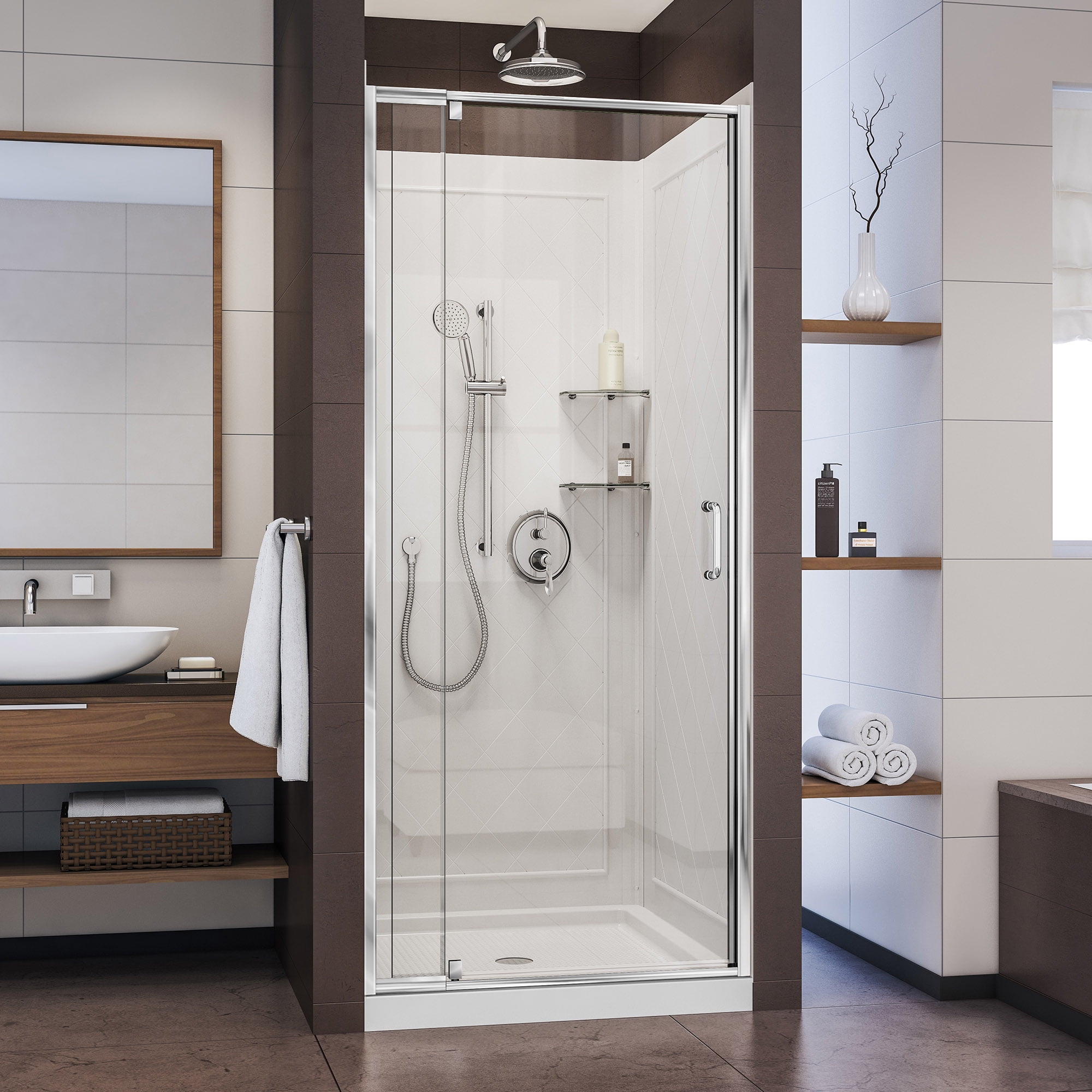 Flex 36" Brushed Nickel Frameless Pivot Shower Kit