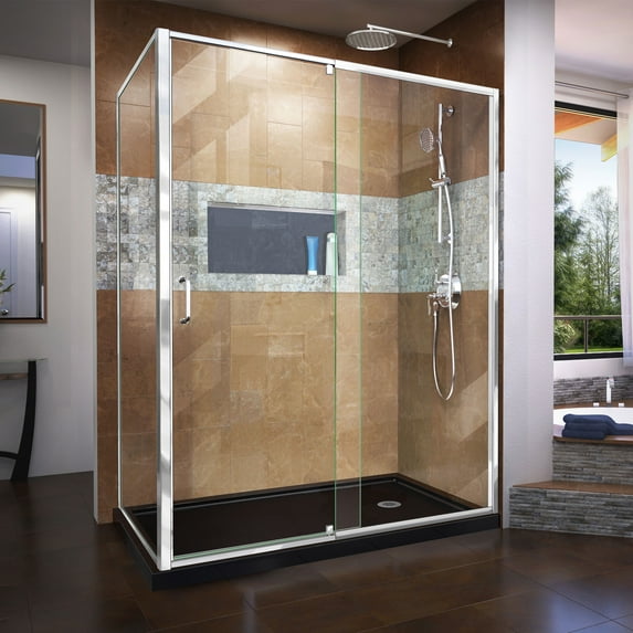DreamLine Flex 36 in. D x 60 in. W x 74 3/4 in. H Semi-Frameless Pivot Shower Enclosure in Chrome with Right Drain Black Base Kit