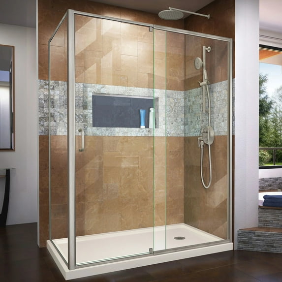 DreamLine Flex 36 in. D x 60 in. W x 74 3/4 in. H Semi-Frameless Shower Enclosure in Brushed Nickel with Right Drain Biscuit Base