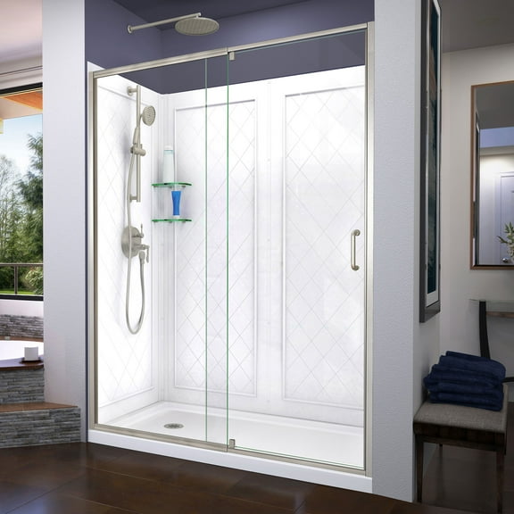 DreamLine Flex 36 in. D x 60 in. W x 76 3/4 in. H Semi-Frameless Shower Door in Brushed Nickel with Left Drain Base and Backwalls