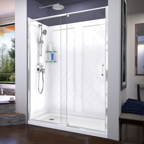 DreamLine Flex 36 in. D x 60 in. W x 76 3/4 in. H Semi-Frameless Shower Door in Chrome with Left Drain White Base and Backwalls