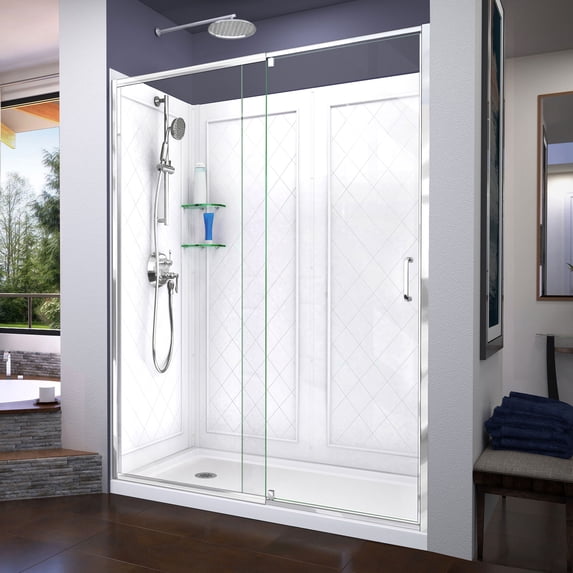 DreamLine Flex 36 in. D x 60 in. W x 76 3/4 in. H Semi-Frameless Shower Door in Chrome with Left Drain White Base and Backwalls