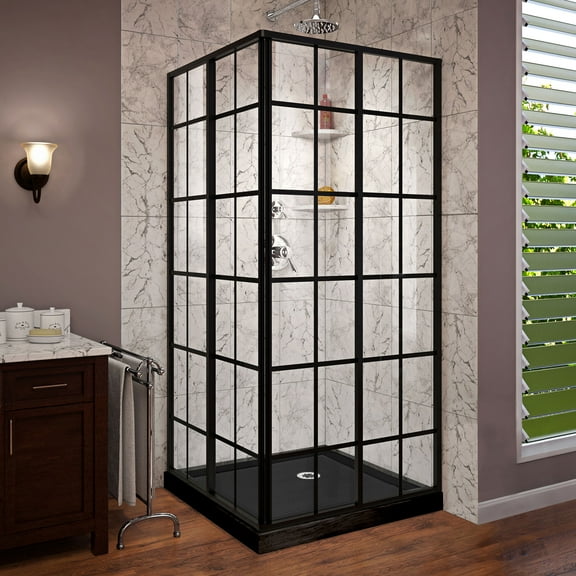 DreamLine French Corner 36 in. D x 36 in. W x 74 3/4 in. H Sliding Shower Enclosure in Satin Black and Corner Drain Black Base Kit