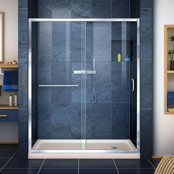 DreamLine Infinity-Z 30 in. D x 60 in. W x 74 3/4 in. H Clear Sliding Shower Door in Chrome and Right Drain Biscuit Base