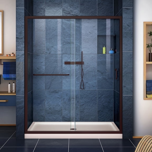 DreamLine Infinity-Z 30 in. D x 60 in. W x 74 3/4 in. H Clear Sliding Shower Door in Oil Rubbed Bronze, Center Drain Biscuit Base