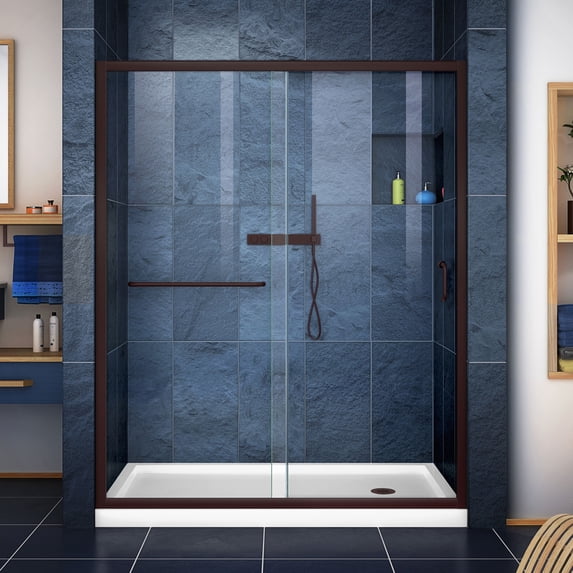 DreamLine Infinity-Z 30 in. D x 60 in. W x 74 3/4 in. H Clear Sliding Shower Door in Oil Rubbed Bronze and Right Drain White Base