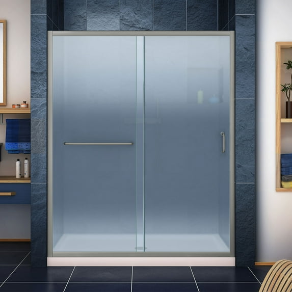 DreamLine Infinity-Z 30 in. D x 60 in. W x 74 3/4 in. H Frosted Sliding Shower Door in Brushed Nickel, Center Drain Biscuit Base