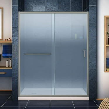 DreamLine Infinity-Z 30 in. D x 60 in. W x 74 3/4 in. H Frosted Sliding Shower Door in Brushed Nickel and Left Drain Biscuit Base
