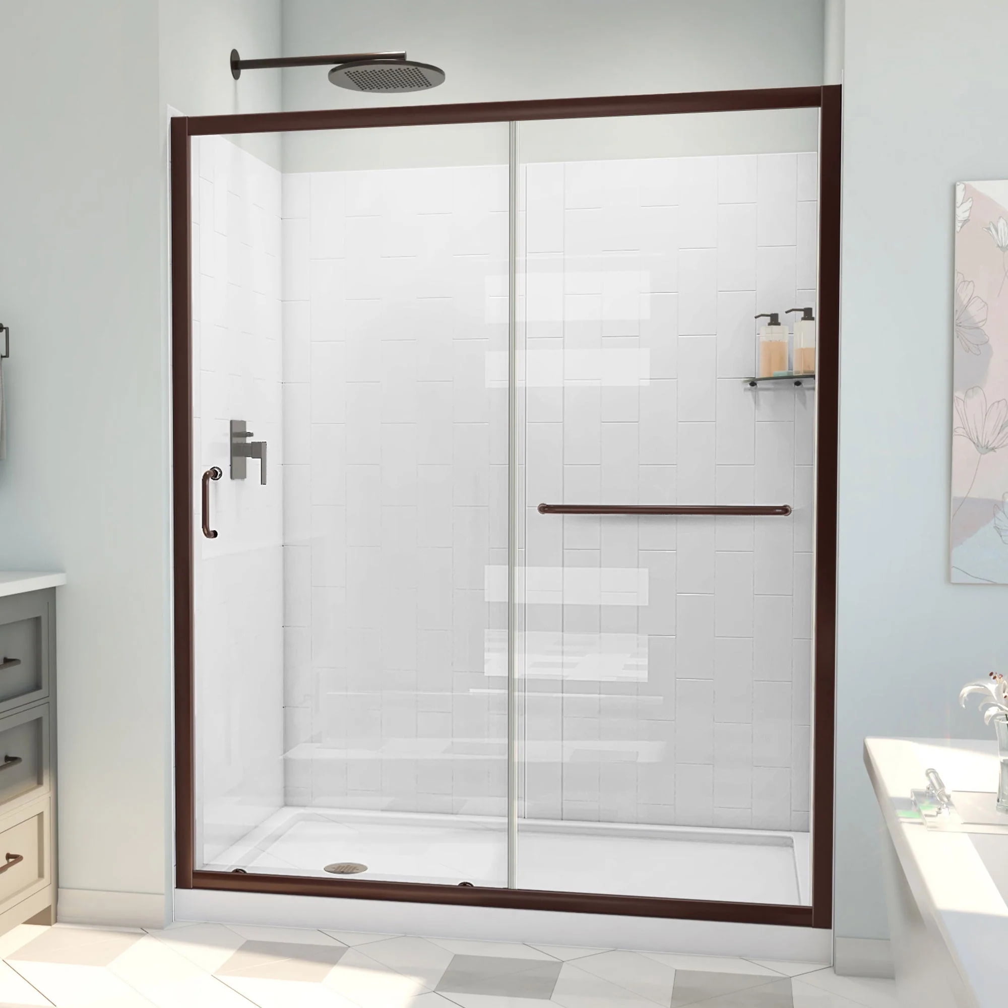 60" Oil Rubbed Bronze and Clear Glass Sliding Shower Kit