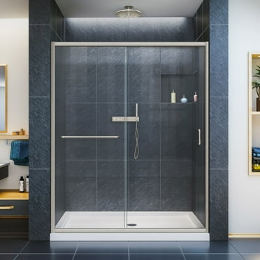 DreamLine Infinity-Z 32 in. D x 60 in. W x 74 3/4 in. H Clear Sliding Shower Door in Brushed Nickel and Center Drain White Base