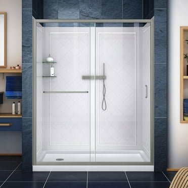 DreamLine Infinity-Z 32 in. D x 60 in. W x 76 3/4 in. H Clear Sliding Shower Door in Brushed Nickel, Left Drain Base and Backwalls