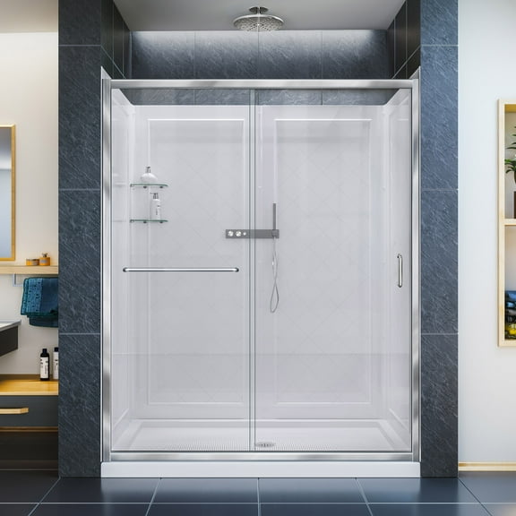 DreamLine Infinity-Z 32 in. D x 60 in. W x 76 3/4 in. H Clear Sliding Shower Door in Chrome, Center Drain Base and Backwalls