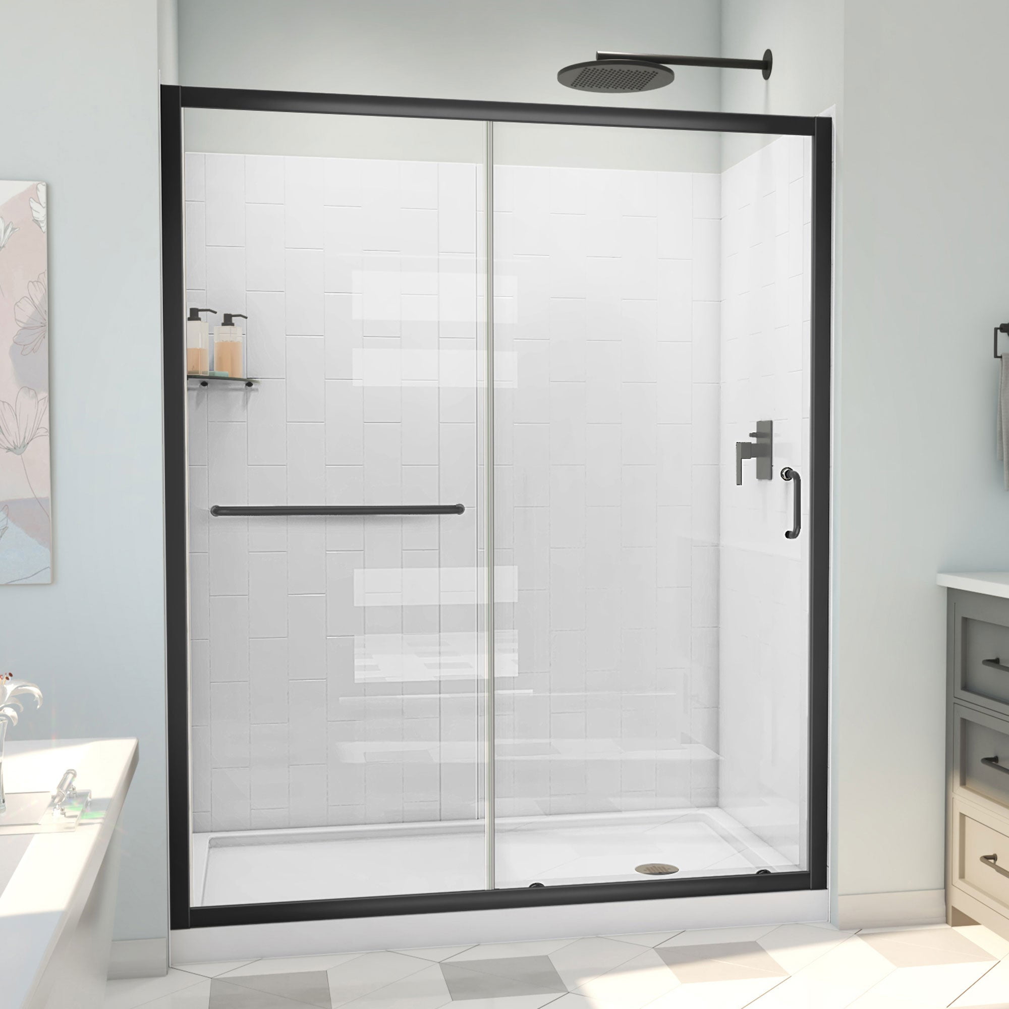 Infinity-Z 60" Matte Black Sliding Shower Kit with Clear Glass