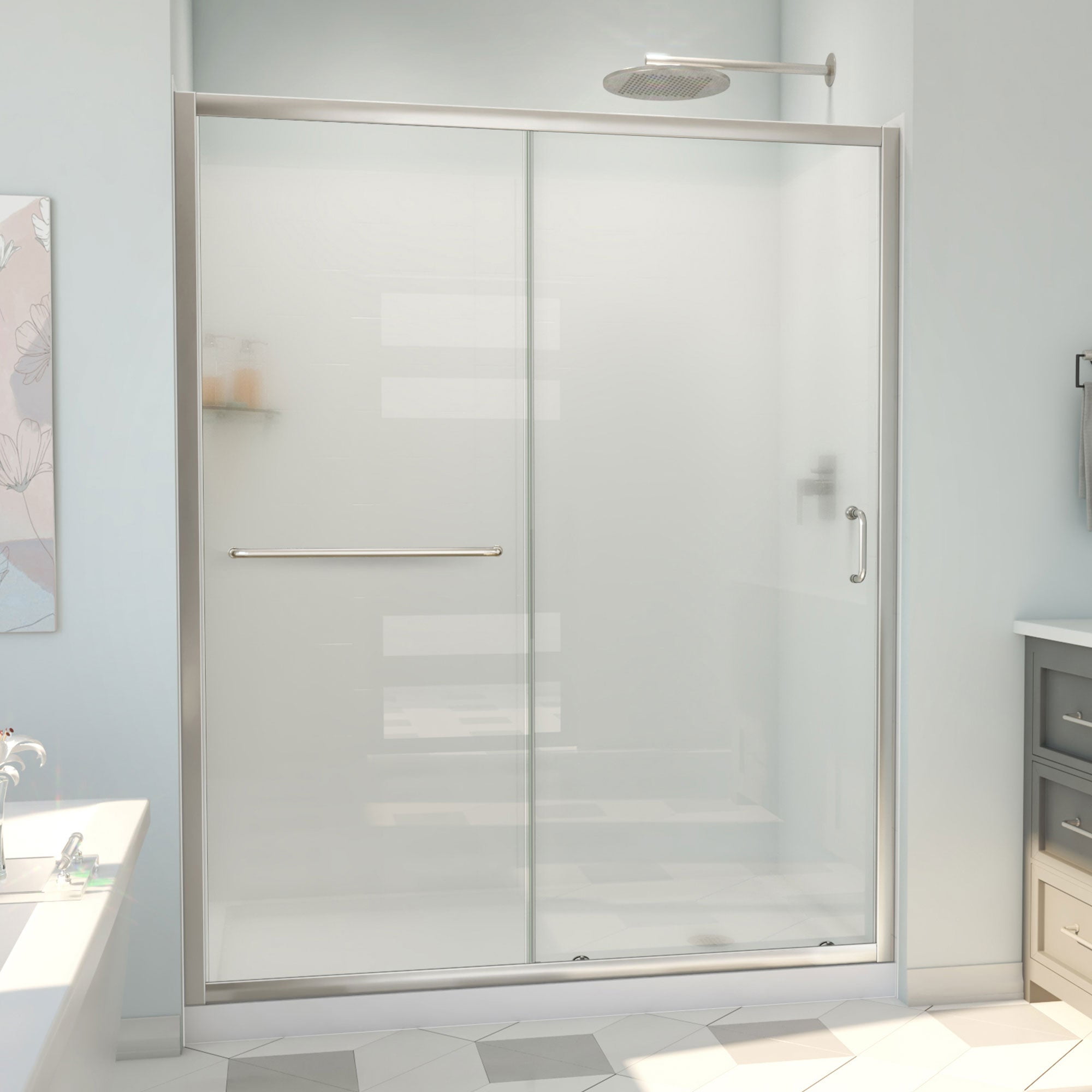 Brushed Nickel and Frosted Glass Semi-Frameless Sliding Shower Kit