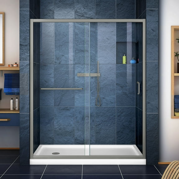 DreamLine Infinity-Z 34 in. D x 60 in. W x 74 3/4 in. H Clear Sliding Shower Door in Brushed Nickel and Left Drain White Base