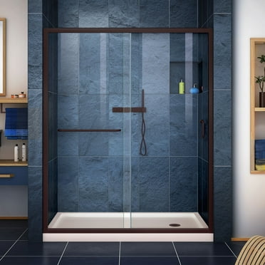 DreamLine Infinity-Z 34 in. D x 60 in. W x 74 3/4 in. H Clear Sliding Shower Door in Oil Rubbed Bronze, Right Drain Biscuit Base