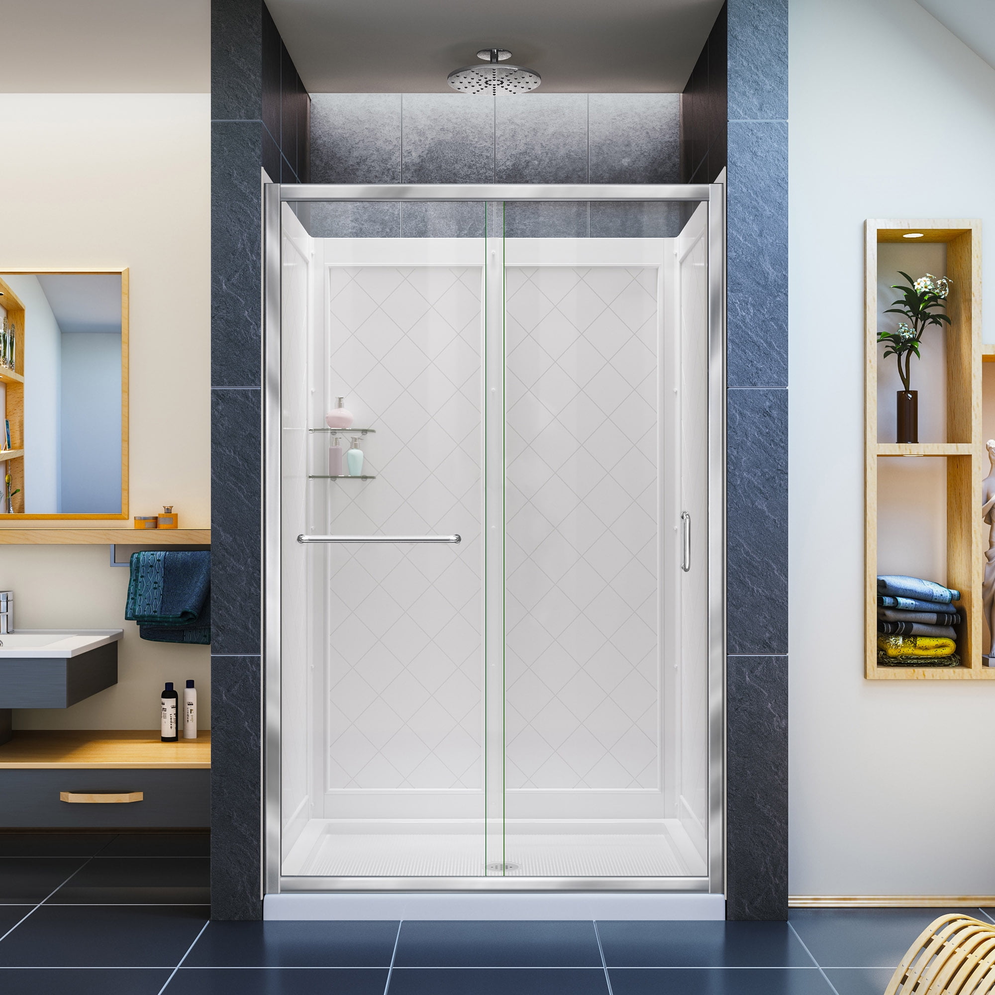 Infinity-Z 48" x 76.75" Frosted Glass Sliding Shower Kit with Brushed Nickel Hardware