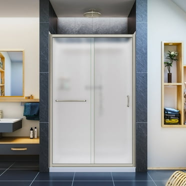 DreamLine Infinity-Z 36 in. D x 48 in. W x 76 3/4 in. H Frosted Sliding Shower Door in Brushed Nickel, Center Drain Base, Backwall