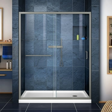 DreamLine Infinity-Z 36 in. D x 60 in. W x 74 3/4 in. H Clear Sliding Shower Door in Brushed Nickel and Right Drain White Base