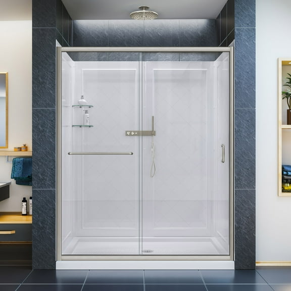 DreamLine Infinity-Z 36 in. D x 60 in. W x 76 3/4 in. H Clear Sliding Shower Door in Brushed Nickel, Center Drain and Backwalls