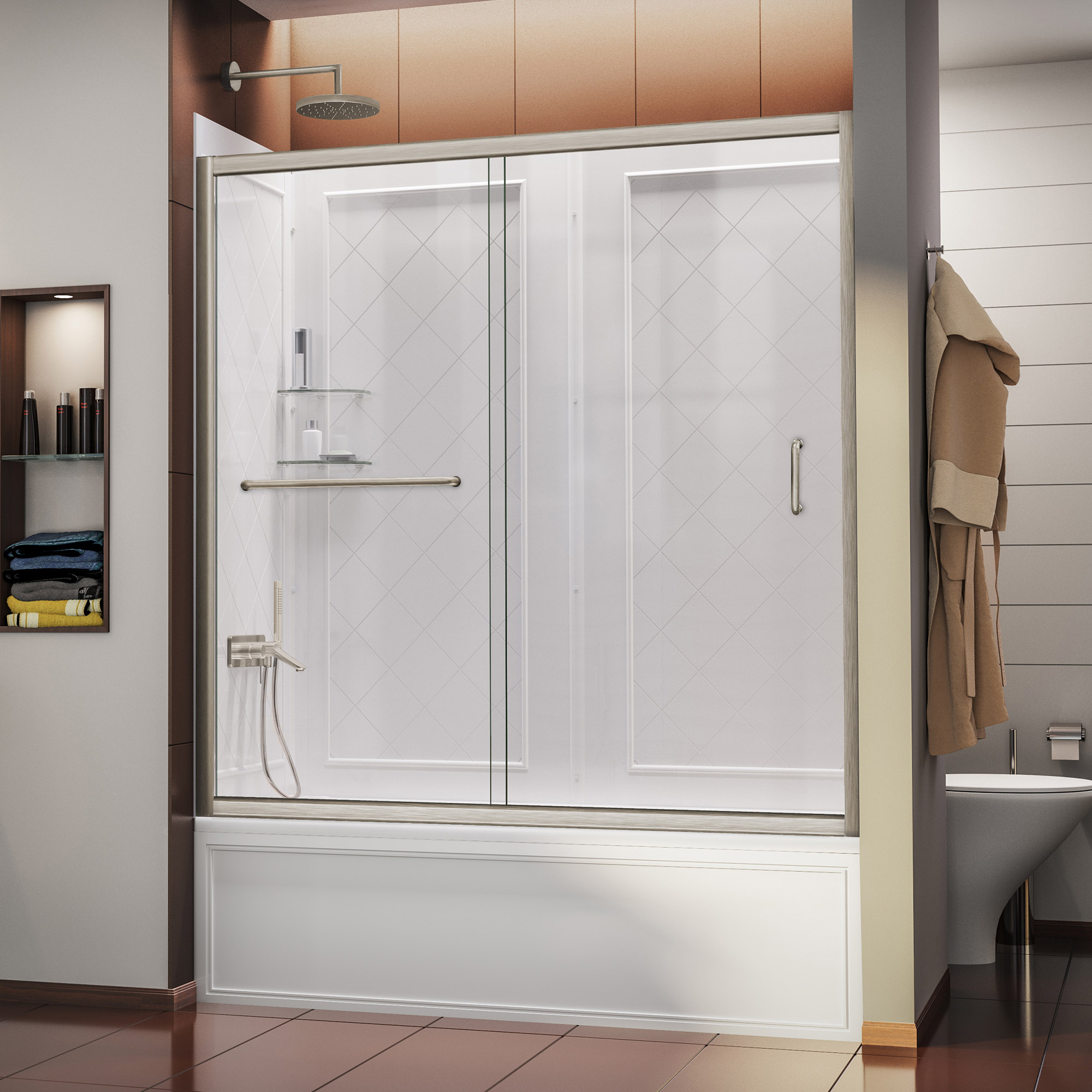 DreamLine Infinity-Z 56-60 in. W x 60 in. H Clear Sliding Tub Door in Brushed Nickel with White Acrylic Backwall Kit - image 1 of 14