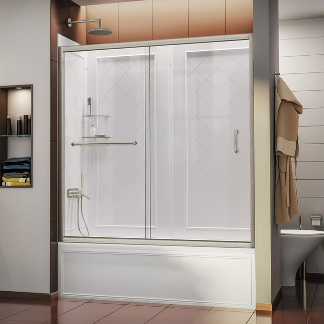 DreamLine Infinity-Z 56-60 in. W x 60 in. H Clear Sliding Tub Door in Brushed Nickel with White Acrylic Backwall Kit