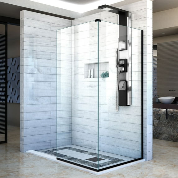 DreamLine Linea Two Adjacent Frameless Shower Screens 34 in. W x 72 in. H each, Open Entry Design in Satin Black