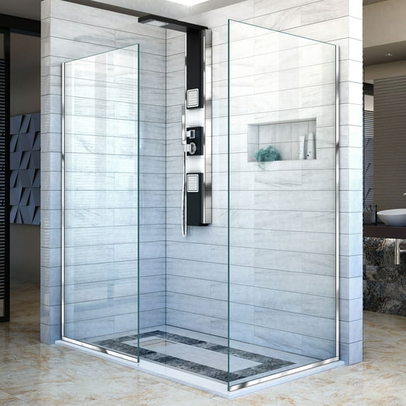 DreamLine Linea Two Individual Frameless Shower Screens 30 in. and 34 in. W x 72 in. H, Open Entry Design in Chrome