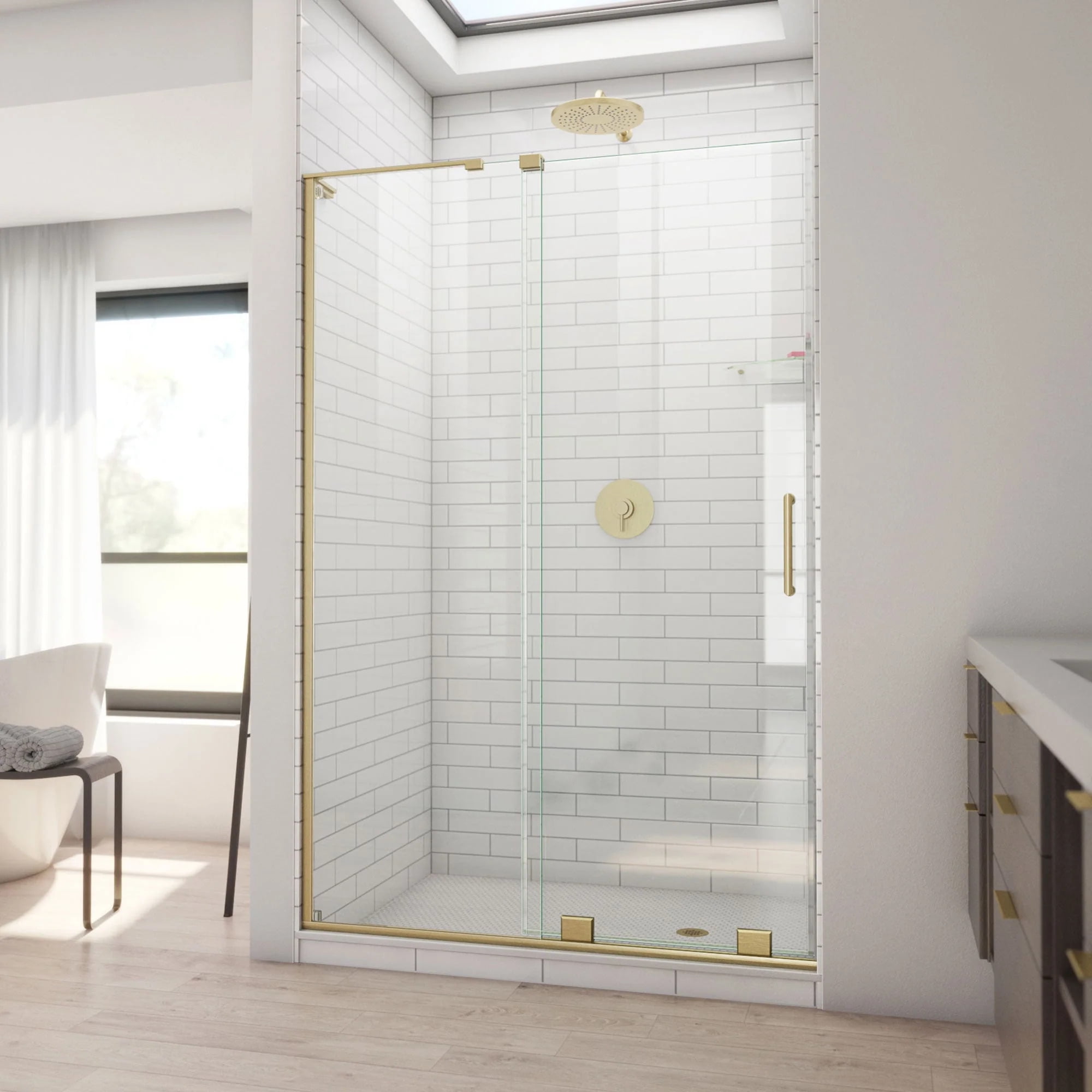 Mirage-X Brushed Gold Frameless Sliding Shower Door with Clear Glass