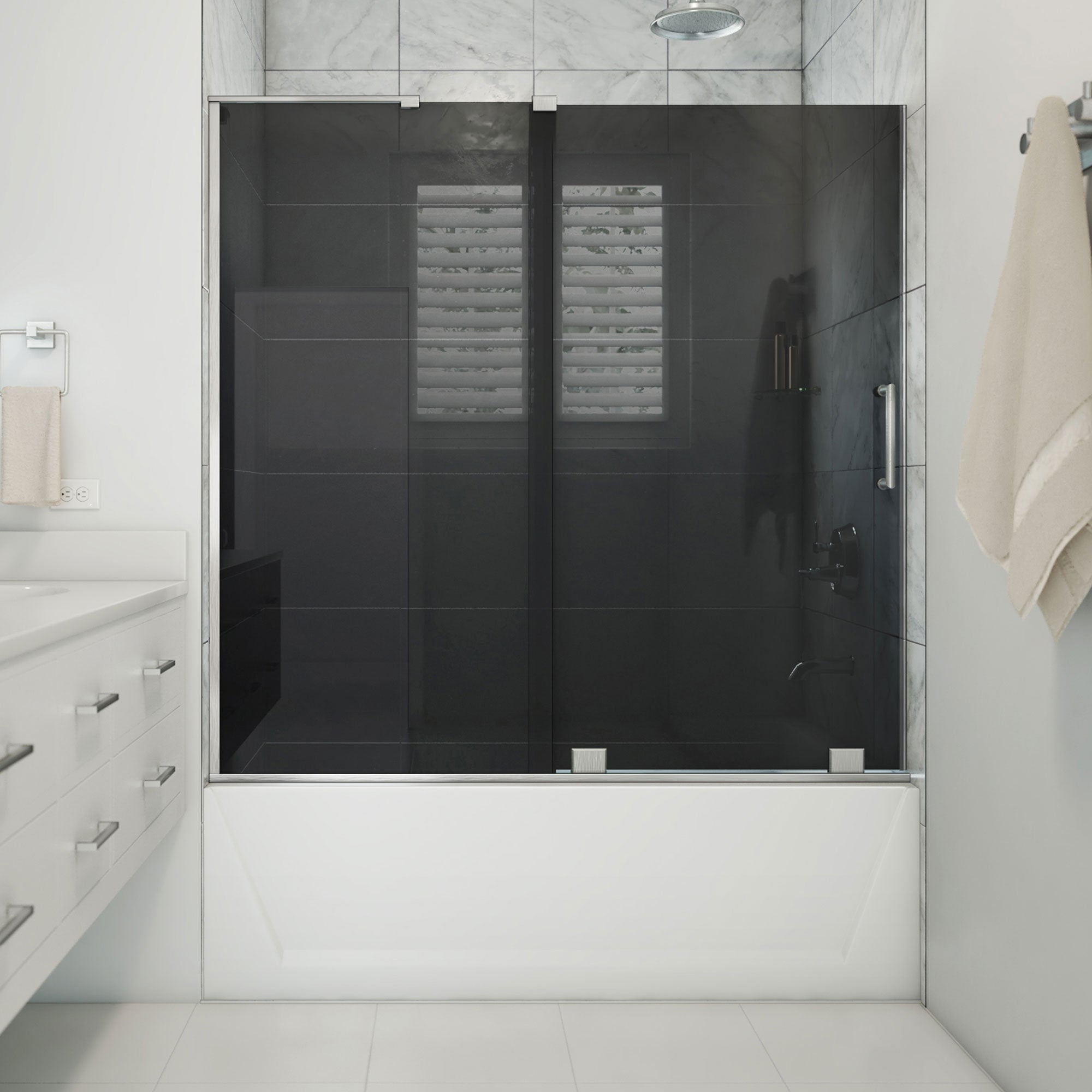 Mirage-X Brushed Nickel Frameless Sliding Tub Door with Smoke Gray Glass