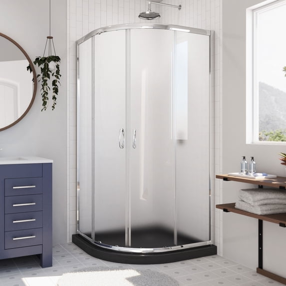DreamLine Prime 33 in. D x 33 in. W x 74 3/4 in. H Frosted Framed Sliding Shower Enclosure in Chrome, Corner Drain Black Base Kit