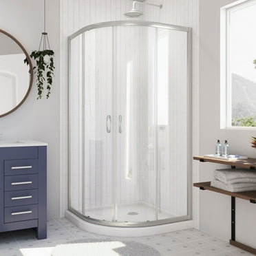 DreamLine Prime 33 in. x 74 3/4 in. Semi-Frameless Clear Glass Sliding Shower Enclosure in Brushed Nickel with White Base Kit