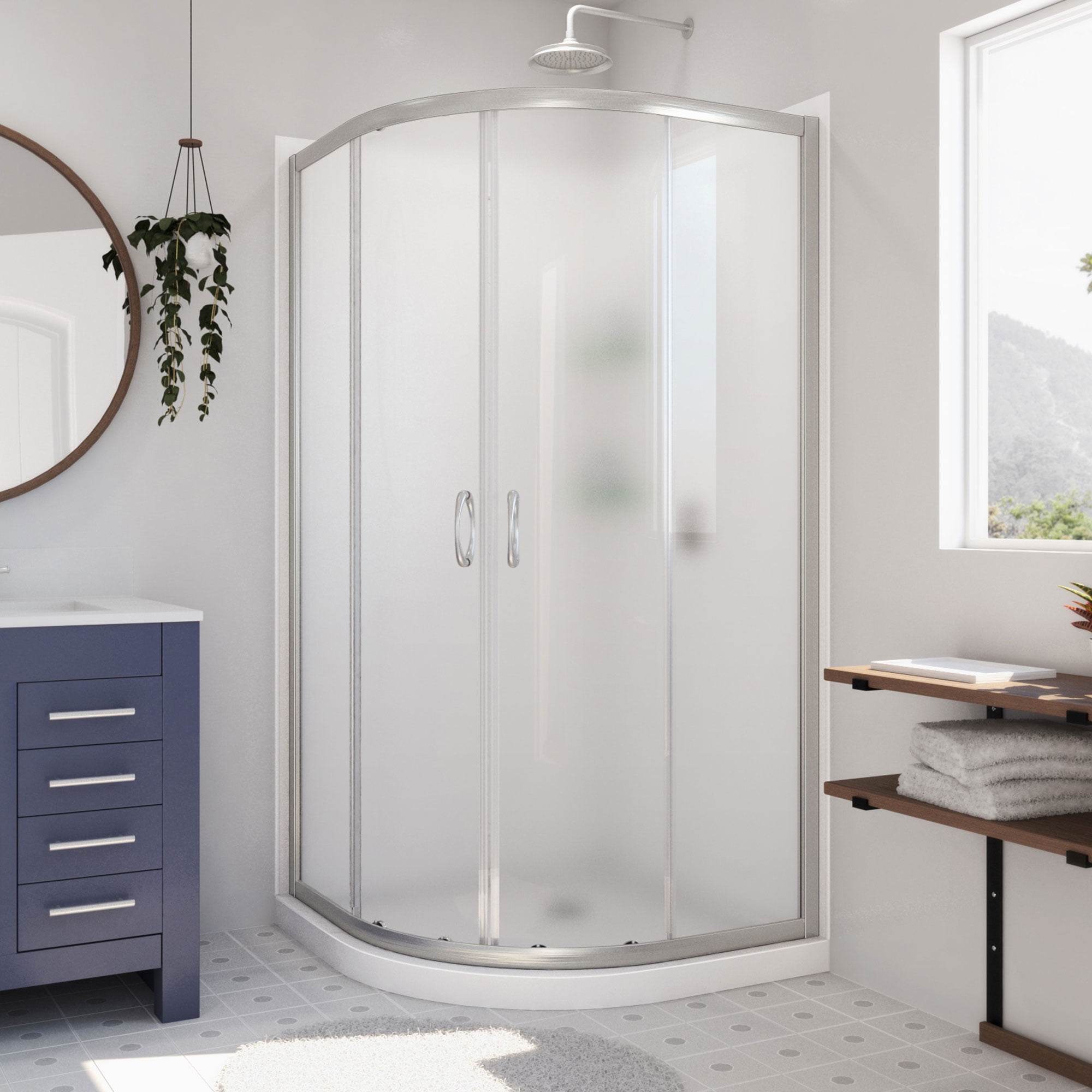 Prime 33" Satin Black Semi-Frameless Frosted Glass Round Shower Enclosure