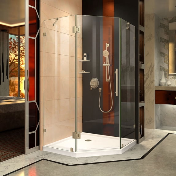 DreamLine Prism Lux 42 in. x 74 3/4 in. Fully Frameless Neo-Angle Shower Enclosure in Brushed Nickel with White Base