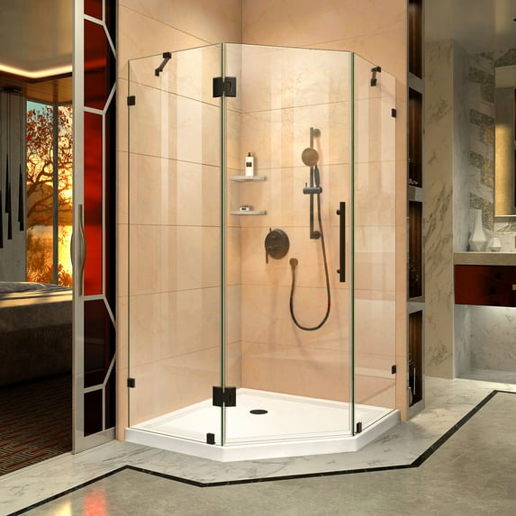 DreamLine Prism Lux 42 in. x 74 3/4 in. Fully Frameless Neo-Angle Shower Enclosure in Satin Black with White Base