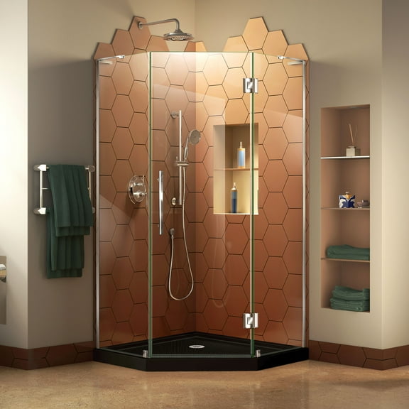 DreamLine Prism Plus 36 in. x 74 3/4 in. Frameless Neo-Angle Shower Enclosure in Chrome with Black Base