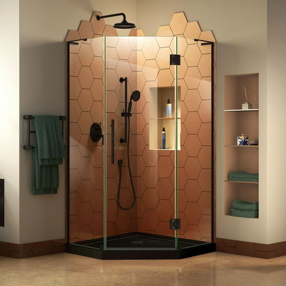 DreamLine Prism Plus 36 in. x 74 3/4 in. Frameless Neo-Angle Shower Enclosure in Satin Black with Black Base