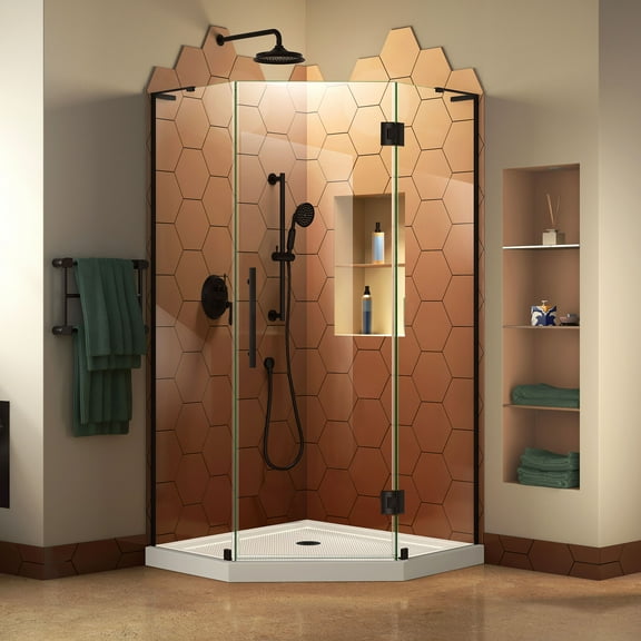 DreamLine Prism Plus 36 in. x 74 3/4 in. Frameless Neo-Angle Shower Enclosure in Satin Black with White Base