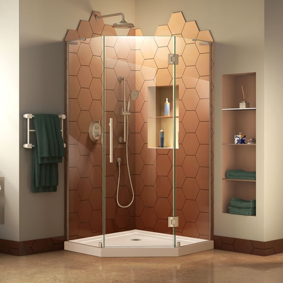 DreamLine Prism Plus 38 in. x 74 3/4 in. Frameless Neo-Angle Shower Enclosure in Brushed Nickel with Biscuit Base