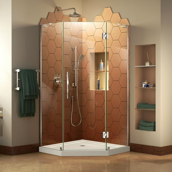 DreamLine Prism Plus 42 in. x 74 3/4 in. Frameless Neo-Angle Shower Enclosure in Chrome with White Base