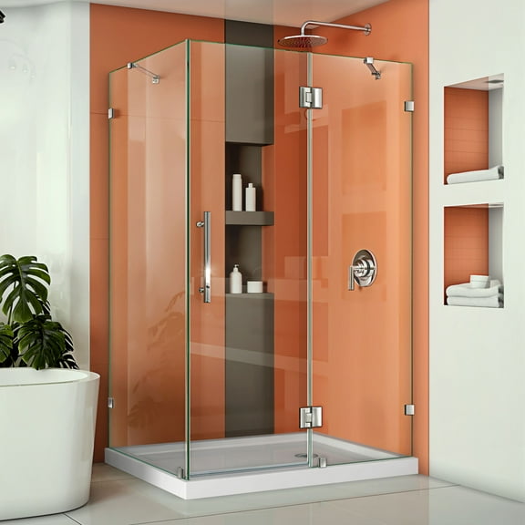 DreamLine Quatra Lux 34 1/4 in. D x 46 3/8 in. W x 72 in. H Frameless Hinged Shower Enclosure in Chrome