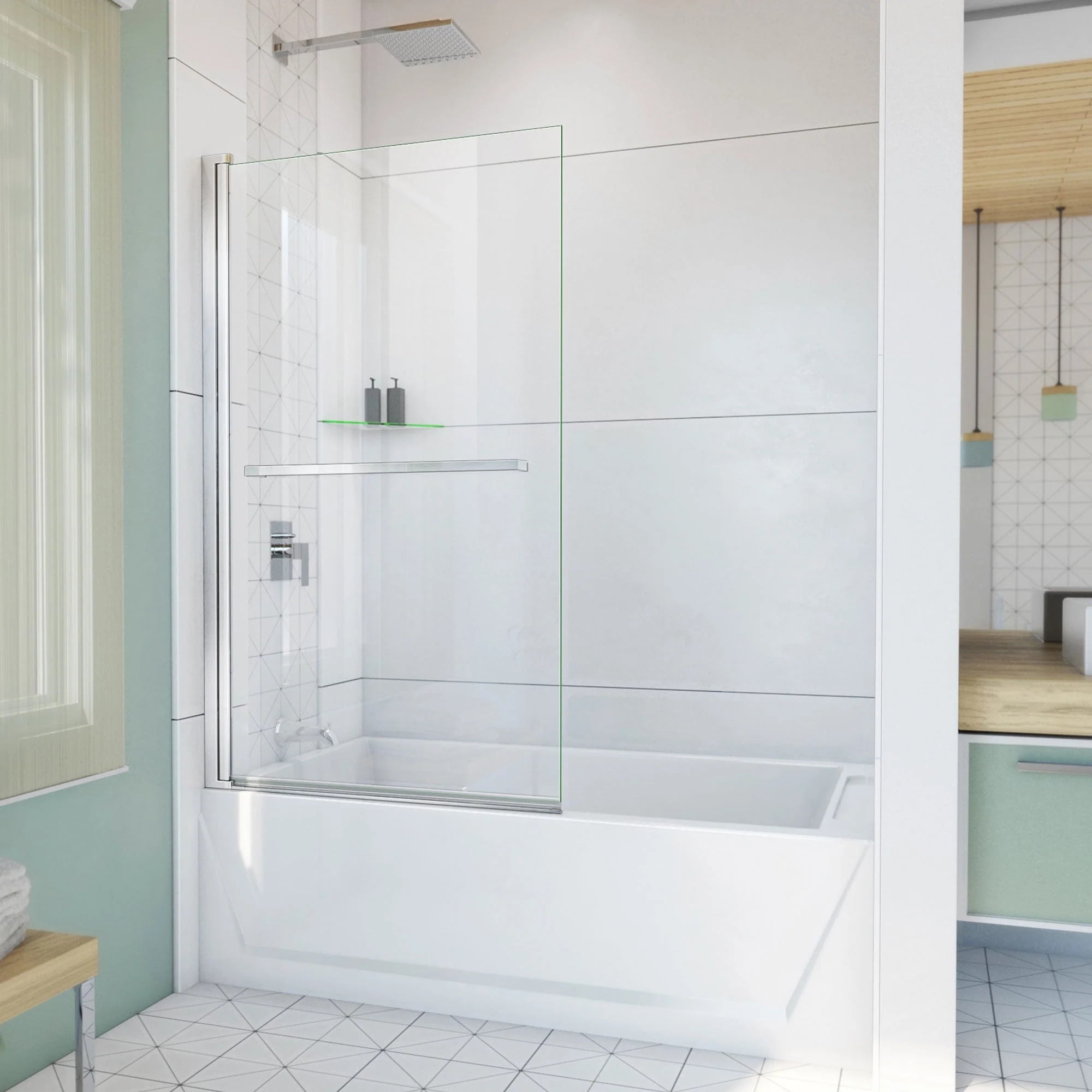 Aqua-Q Frameless Chrome Tub Door with Towel Bar