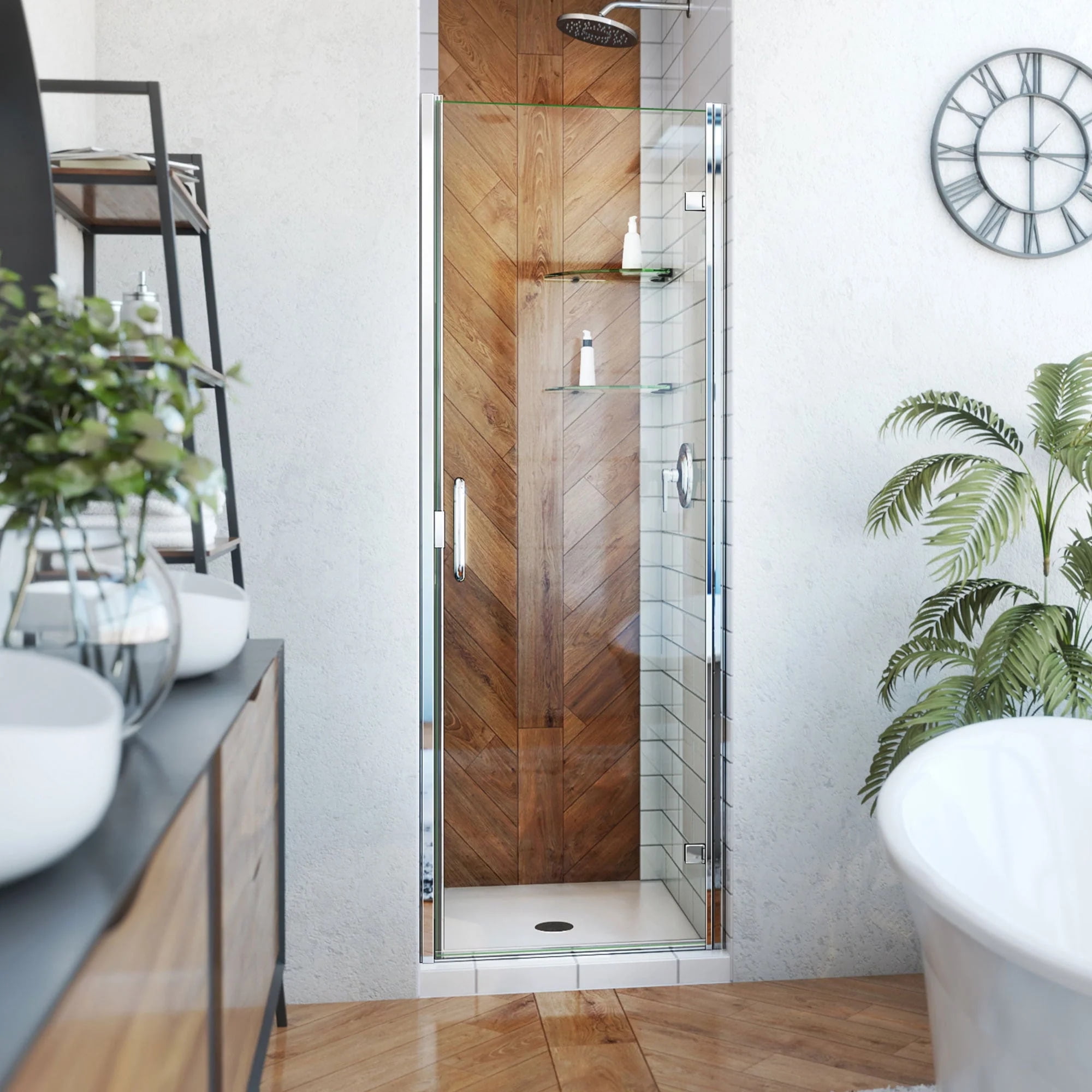 Chrome Semi-Frameless Pivot Shower Door with Tempered Glass